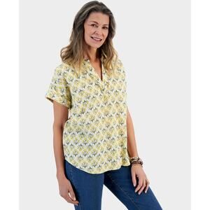 Style & Co Printed Cotton Gauze Short-Sleeve Popover Camp Top Yellow NWT Large